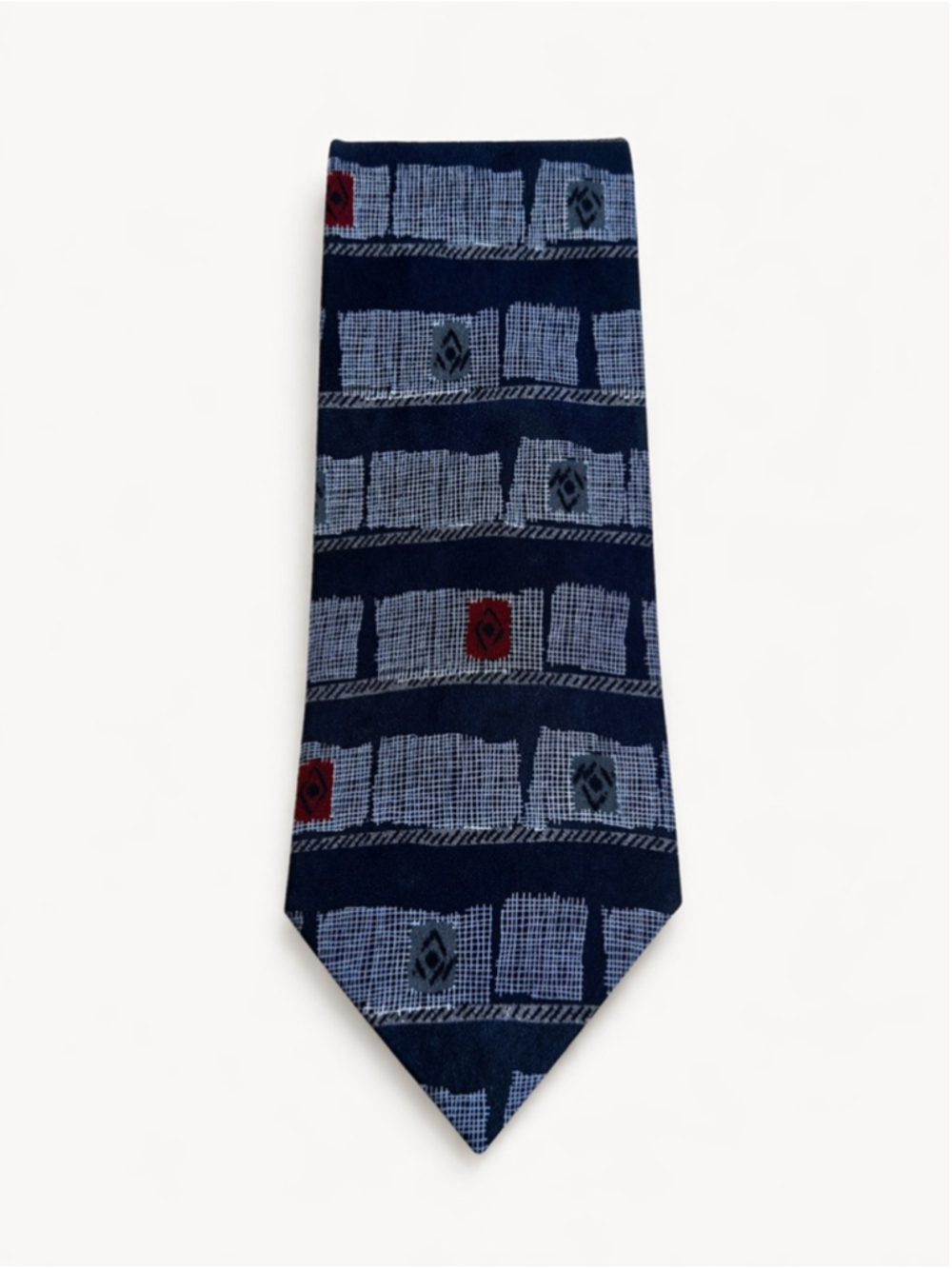 Vintage 90s Abstract Geometric Silk Tie Navy Red Gray Retro Graphic